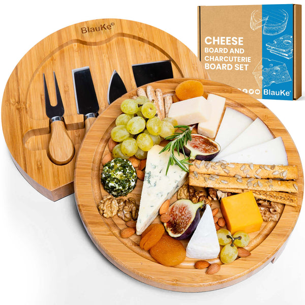 BlauKe® Bamboo Cheese Board and Knife Set – 25cm Round Charcuterie Board, Serving Platter with 4 Cheese Knives – Wooden Cheese Board Gift Set