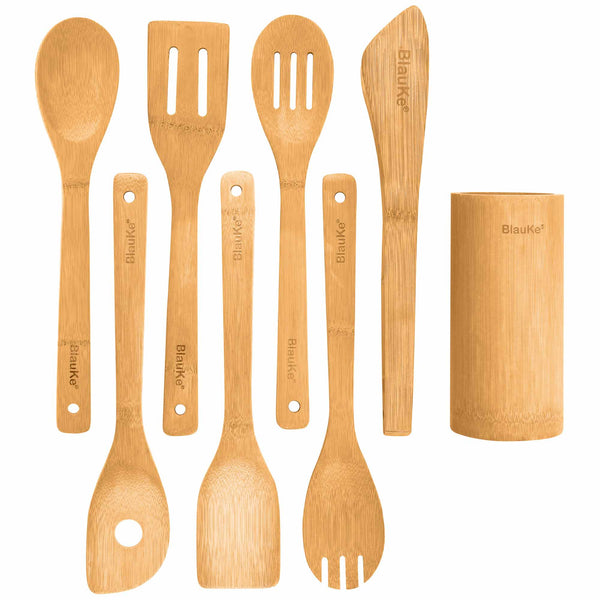 BlauKe® Wooden Kitchen Utensils Set of 8 – Non-Stick Bamboo Cooking Utensils – Wooden Spatulas for Cooking, Wooden Spoons, Tongs, Utensil Holder