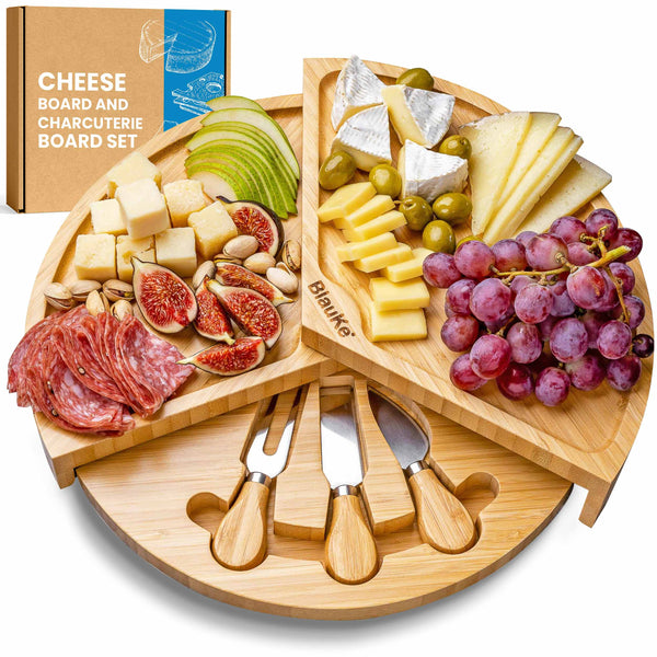 BlauKe® Bamboo Cheese Board and Knife Set – 37cm Round Charcuterie Board, Serving Platter, Slide-Out Drawer, Cheese Knives – Wooden Cheese Board Gift Set