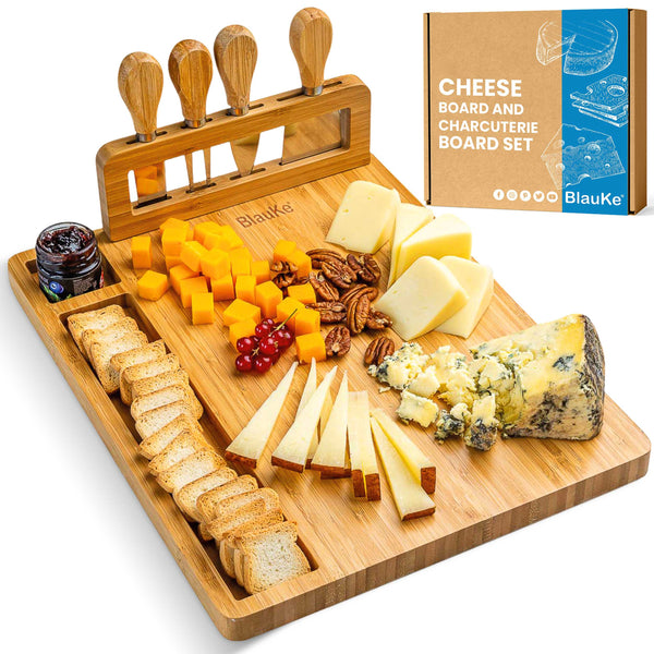 BlauKe® Bamboo Cheese Board and Knife Set 35x28cm – Chopping Board, Serving Platter, Charcuterie Board, 4 Cheese Knives – Wooden Cheese Board Gift Set