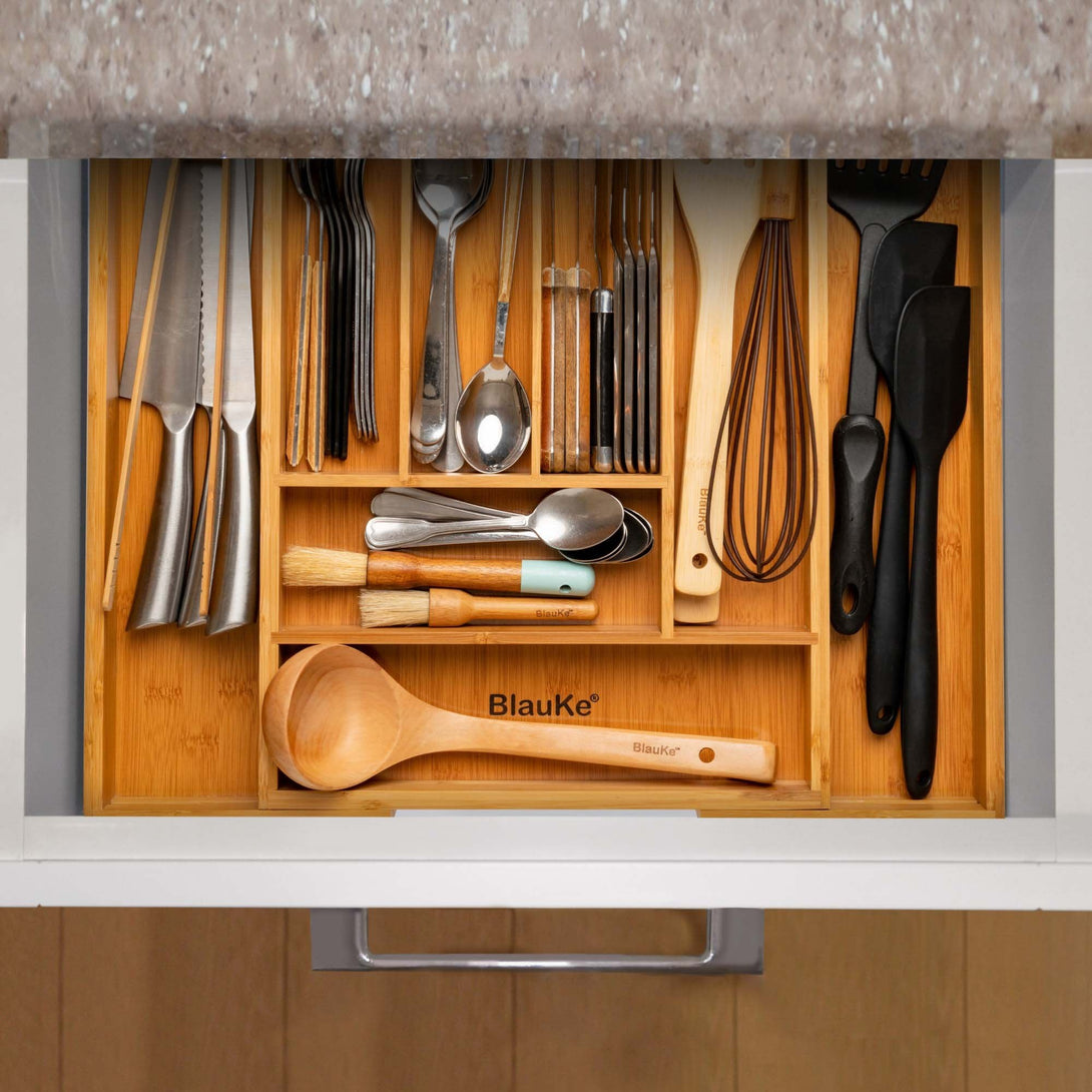Expandable Bamboo Drawer Organizer - Expandable Cutlery and Utensil Drawer Organizer - Large Kitchen Drawer Organizer - Adjustable Cutlery Drawer Tray Organizer with 8 Compartments 20-26